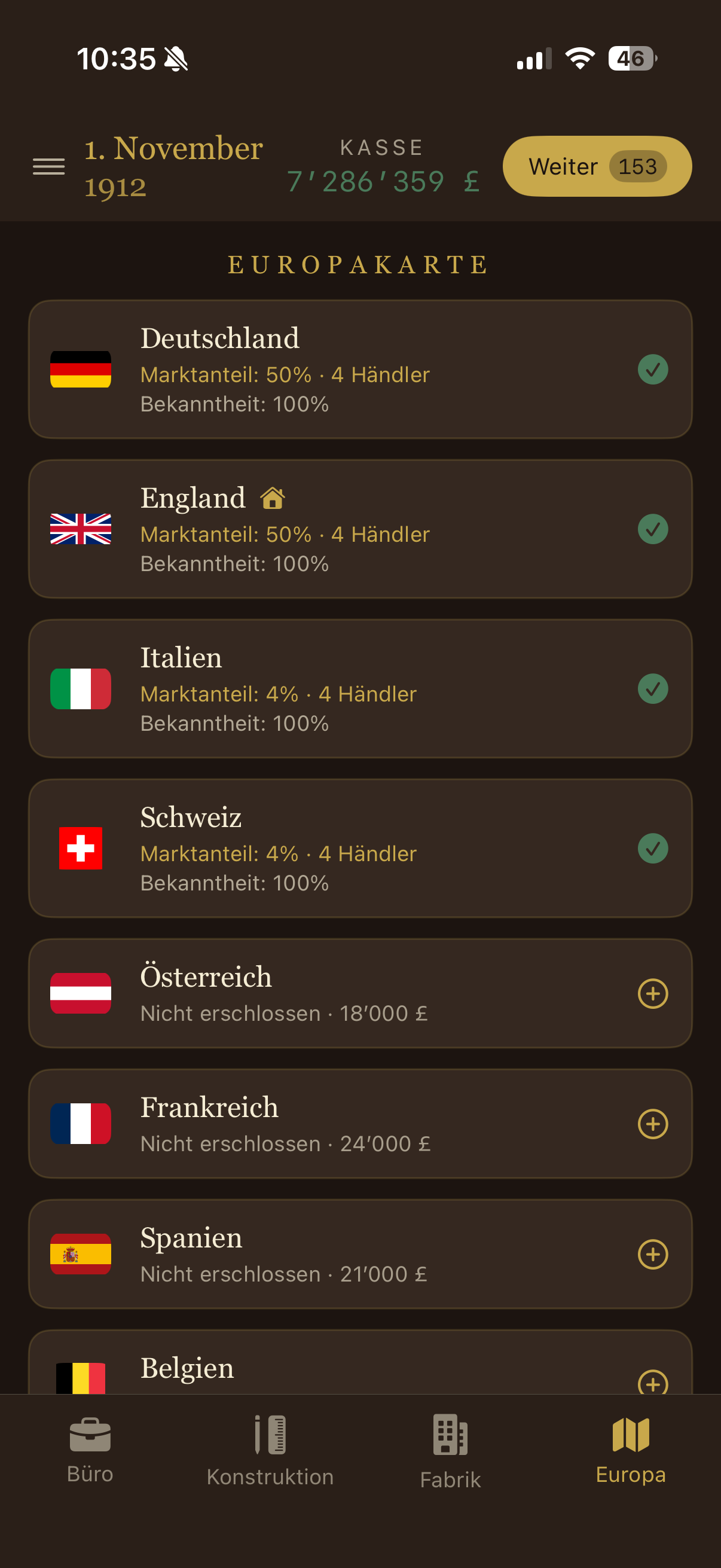 Europakarte mit erschlossenen und noch verfügbaren Ländern